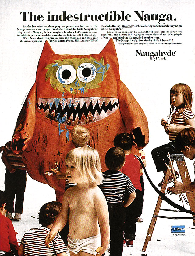 Ad featuring the Nauga, a mythical beast created to brand Naugahyde, 1966 Ad featuring the Nauga, a mythical beast created to brand Naugahyde, 1966