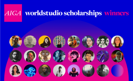 AIGA Worldstudio Scholarship Winners 2021/2022 Large 1600px image The words AIGA Worldstudio Scholarship Winners at the top of the image with self portraits of winners displayed in three rows - Large 1600px image