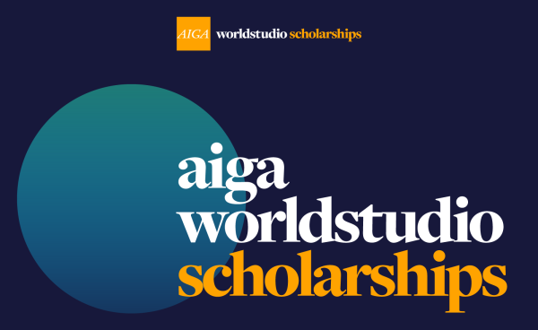 AIGA Worldstudio Scholarships The words AIGA Worldstudio Scholarships in the foreground on a navy blue background with a gradient teal and blue circle