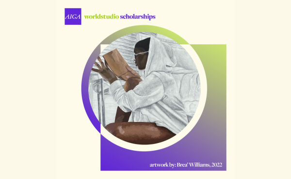AIGA Worldstudio Scholarships The words AIGA Worldstudio Scholarships on a cream colored background with a purple and green gradient square behind featured artwork in a circle by Brea' Williams, 2022.