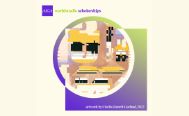 AIGA Worldstudio Scholarships The words AIGA Worldstudio Scholarships on a cream color background with a purple and green gradient square behind a circle featuring artwork by Dariia Zamrii, 2022