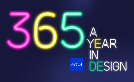 365: AIGA Year in Design of 2021 competition identity AIGA 365: AIGA Year in Design identity, neon letters in pink yellow, green, and white spell 365 A Year in Design with a royal blue AIGA logo against a navy blue background