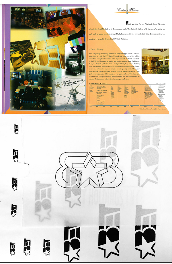 The 1992 BET Holdings Inc. first annual report (top). Miller’s logo sketch design for the new holding company (bottom). The 1992 BET Holdings Inc. first annual report (top). Miller’s logo sketch design for the new holding company (bottom).